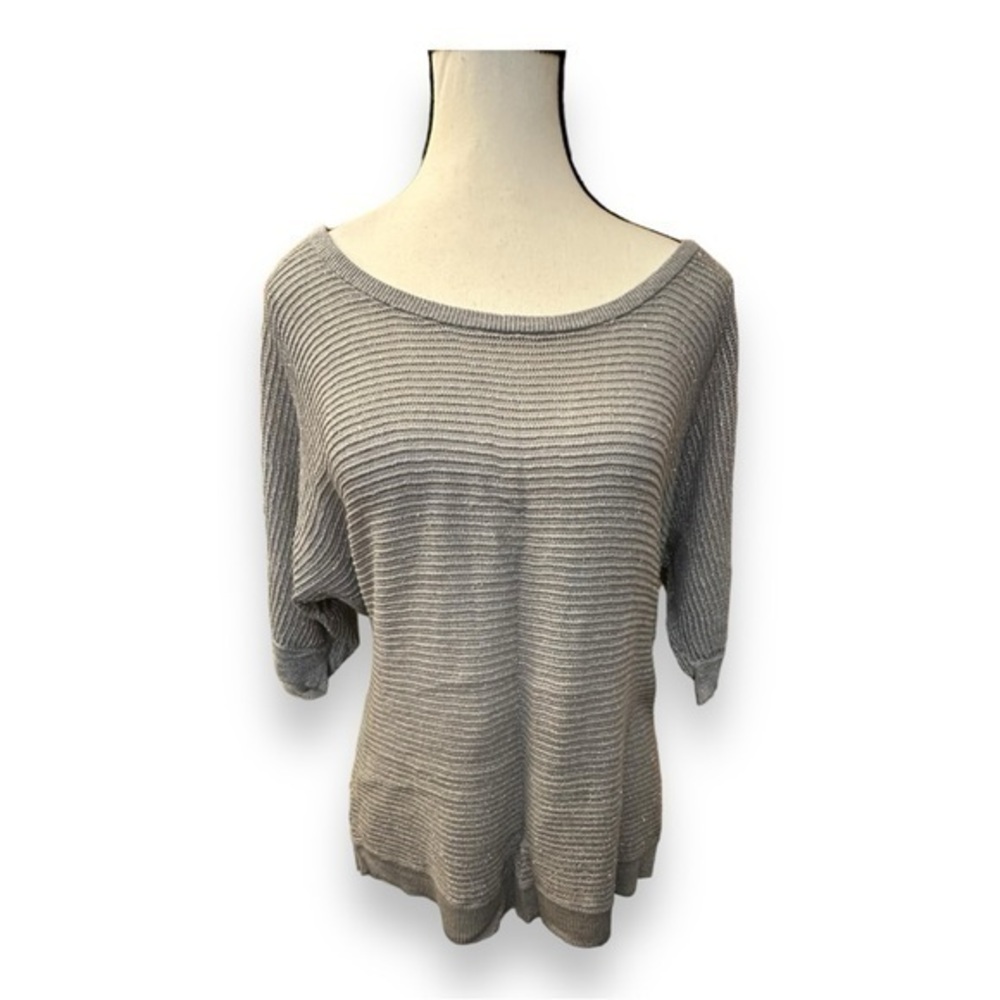 Women’s torrid 1 Metallic Silver Rib Knit 3/4 Scoop Neck Sweater 14 16 1X 1XL